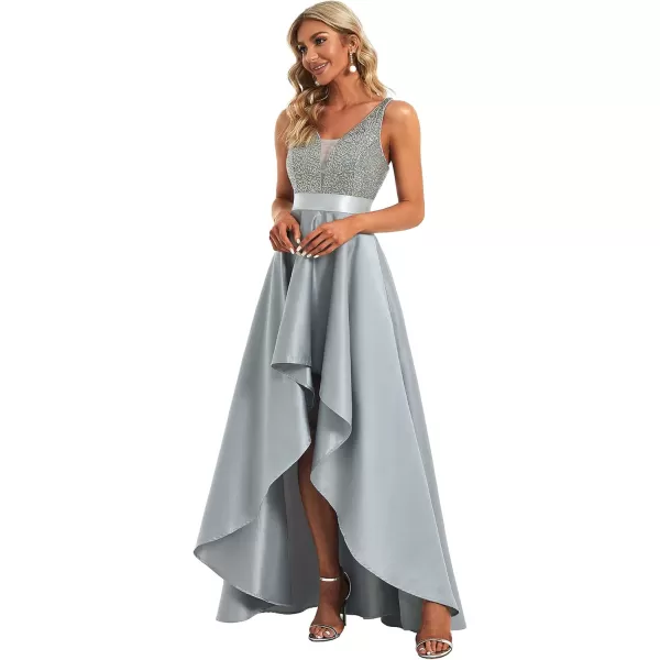 imageEverPretty Womens Glitter VNeck Aline HighLow Satin Prom Dress Wedding Guest Dresses for Women 00667Grey