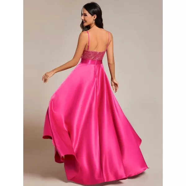 imageEverPretty Womens Glitter VNeck Aline HighLow Satin Prom Dress Wedding Guest Dresses for Women 00667Hot Pink