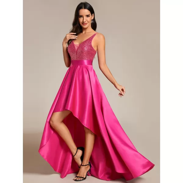 imageEverPretty Womens Glitter VNeck Aline HighLow Satin Prom Dress Wedding Guest Dresses for Women 00667Hot Pink