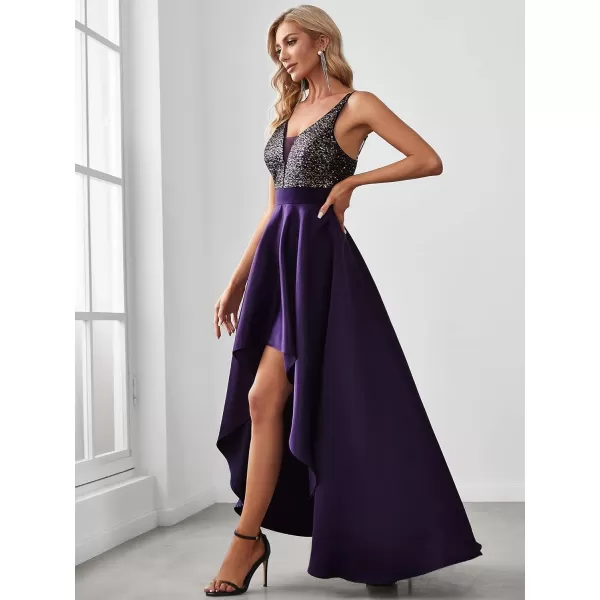 imageEverPretty Womens Glitter VNeck Aline HighLow Satin Prom Dress Wedding Guest Dresses for Women 00667Purple