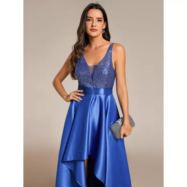 imageEverPretty Womens Glitter VNeck Aline HighLow Satin Prom Dress Wedding Guest Dresses for Women 00667Sapphire Blue