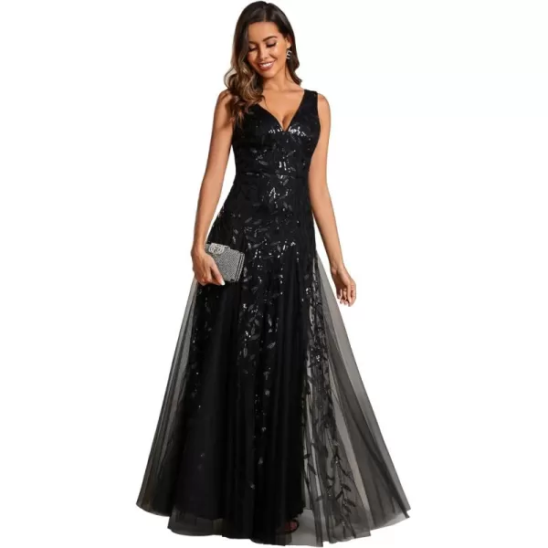 imageEverPretty Womens Formal Dress V Neck Sleeveless Tulle Hem ALine Sequins Maxi Evening Dress 02130Black