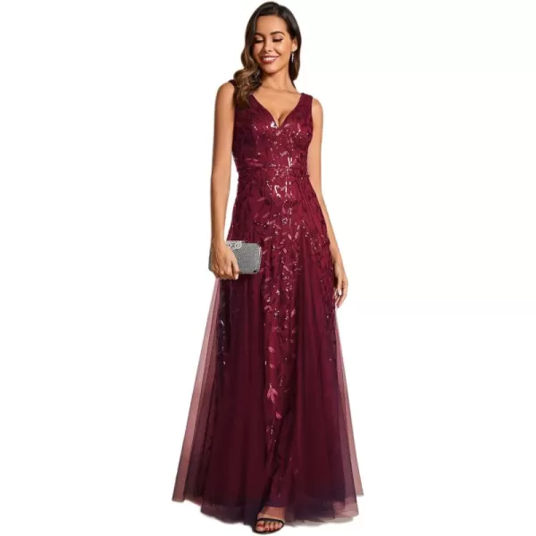 imageEverPretty Womens Formal Dress V Neck Sleeveless Tulle Hem ALine Sequins Maxi Evening Dress 02130Burgundy