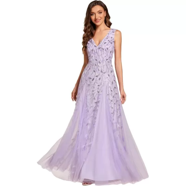 imageEverPretty Womens Formal Dress V Neck Sleeveless Tulle Hem ALine Sequins Maxi Evening Dress 02130Lavender