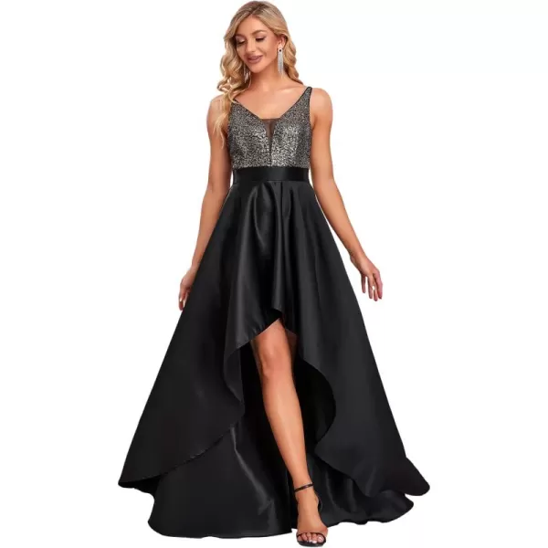 imageEverPretty Womens Glitter VNeck Aline HighLow Satin Prom Dress Wedding Guest Dresses for Women 00667Black