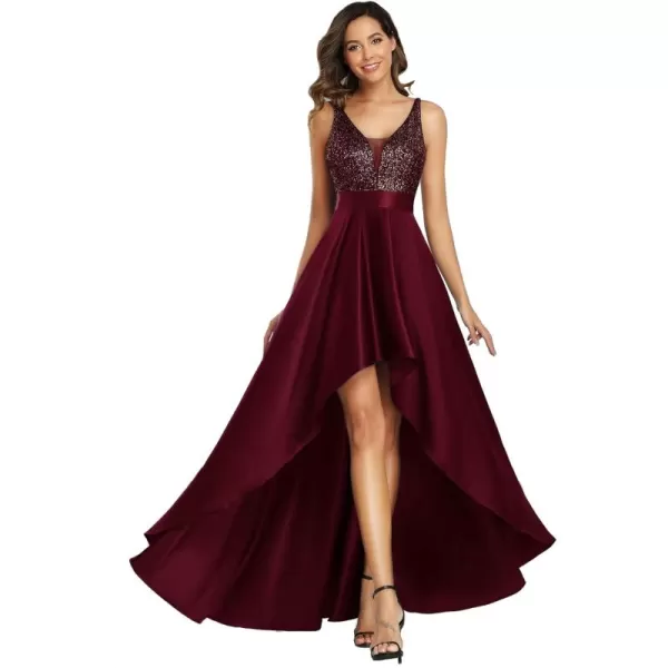 imageEverPretty Womens Glitter VNeck Aline HighLow Satin Prom Dress Wedding Guest Dresses for Women 00667Burgundy