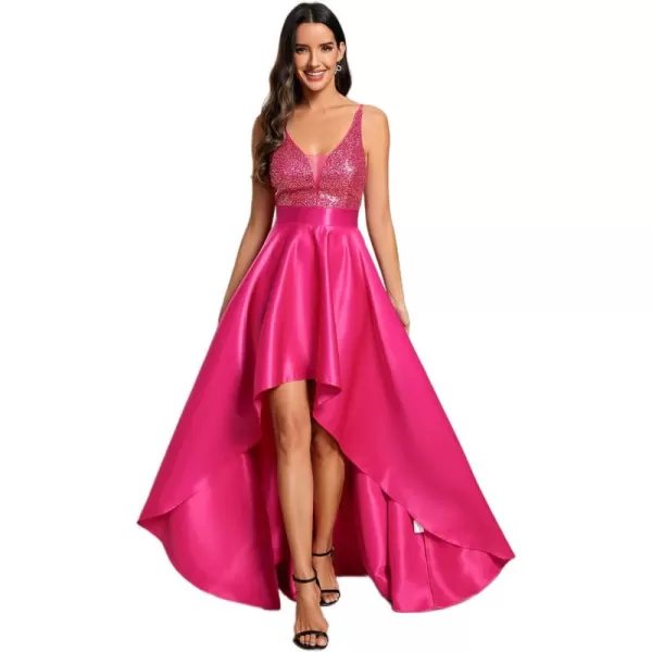 imageEverPretty Womens Glitter VNeck Aline HighLow Satin Prom Dress Wedding Guest Dresses for Women 00667Hot Pink