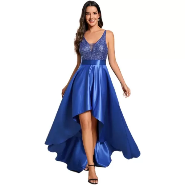 imageEverPretty Womens Glitter VNeck Aline HighLow Satin Prom Dress Wedding Guest Dresses for Women 00667Sapphire Blue