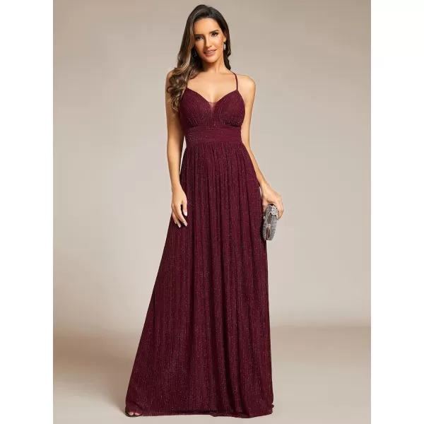 imageEverPretty Womens A Line V Neck Backless Glitter Pleated Sleeveless Maxi Evening Dresses 21961Burgundy