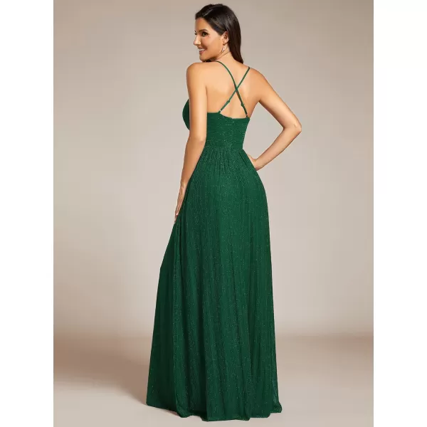 imageEverPretty Womens A Line V Neck Backless Glitter Pleated Sleeveless Maxi Evening Dresses 21961Dark Green