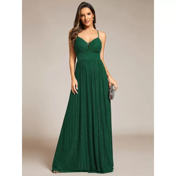 imageEverPretty Womens A Line V Neck Backless Glitter Pleated Sleeveless Maxi Evening Dresses 21961Dark Green