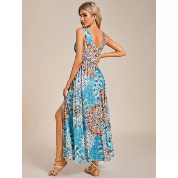 imageEverPretty Womens Bridesmaid Dresses Deep VNeck Sleeveless Side Slit Floor Length Wedding Guest Dress 0168BB Bohemian Light Blue Printed