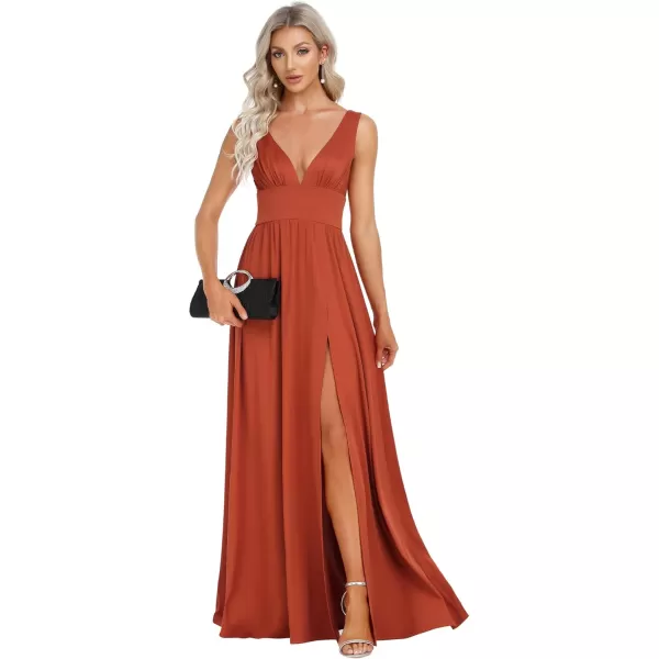 imageEverPretty Womens Bridesmaid Dresses Deep VNeck Sleeveless Side Slit Floor Length Wedding Guest Dress 0168BBurnt Orange