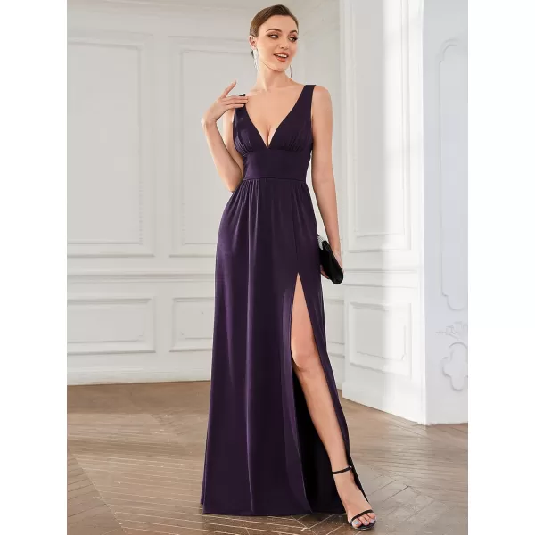 imageEverPretty Womens Bridesmaid Dresses Deep VNeck Sleeveless Side Slit Floor Length Wedding Guest Dress 0168BDeep Purple