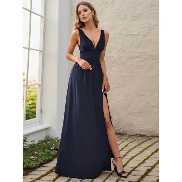 imageEverPretty Womens Bridesmaid Dresses Deep VNeck Sleeveless Side Slit Floor Length Wedding Guest Dress 0168BNavy Blue