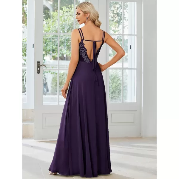 imageEverPretty Womens Chiffon Bridesmaid Dress VNeck Backless Ruched ALine Maxi Formal Dresses 01692Dark Purple