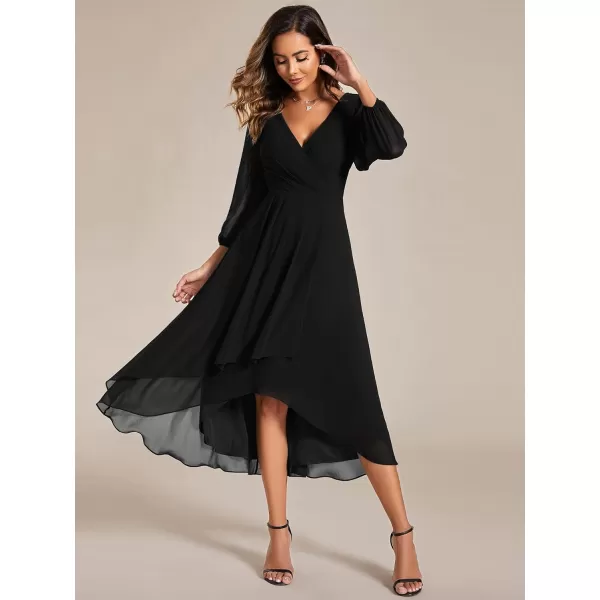 imageEverPretty Womens Chiffon V Neck Long Sleeves Pleated ALine Midi Length Wedding Guest Dress 01926Black