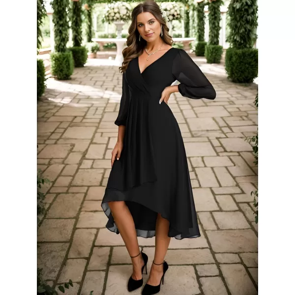 imageEverPretty Womens Chiffon V Neck Long Sleeves Pleated ALine Midi Length Wedding Guest Dress 01926Black