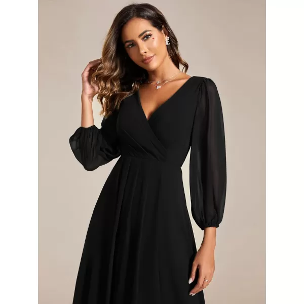 imageEverPretty Womens Chiffon V Neck Long Sleeves Pleated ALine Midi Length Wedding Guest Dress 01926Black