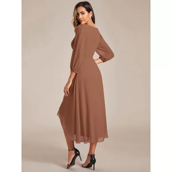 imageEverPretty Womens Chiffon V Neck Long Sleeves Pleated ALine Midi Length Wedding Guest Dress 01926Brown