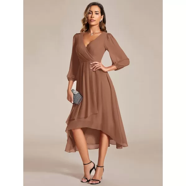 imageEverPretty Womens Chiffon V Neck Long Sleeves Pleated ALine Midi Length Wedding Guest Dress 01926Brown