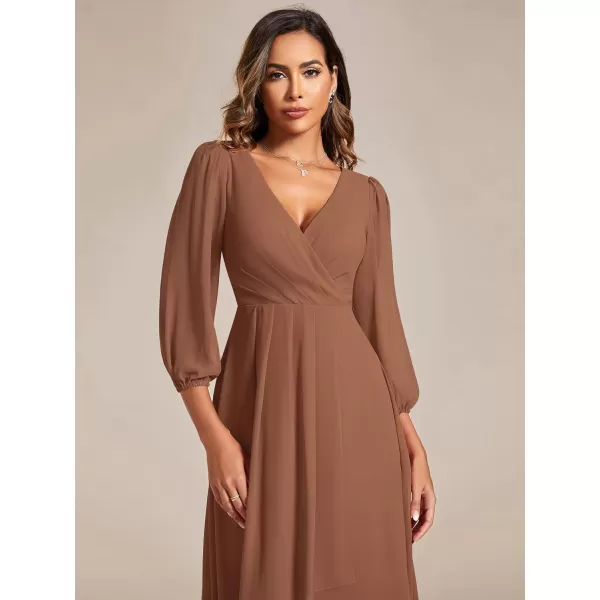 imageEverPretty Womens Chiffon V Neck Long Sleeves Pleated ALine Midi Length Wedding Guest Dress 01926Brown