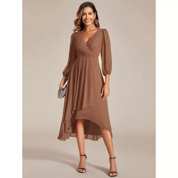 imageEverPretty Womens Chiffon V Neck Long Sleeves Pleated ALine Midi Length Wedding Guest Dress 01926Brown