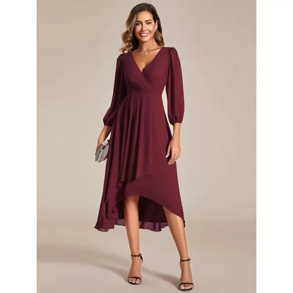 imageEverPretty Womens Chiffon V Neck Long Sleeves Pleated ALine Midi Length Wedding Guest Dress 01926Burgundy