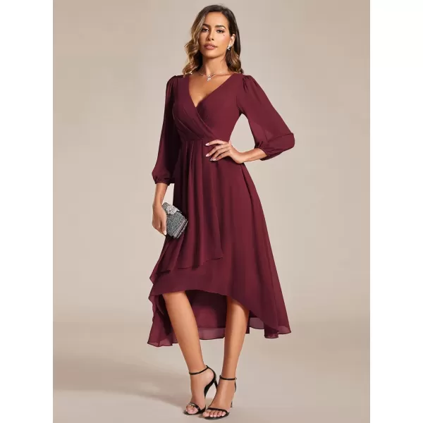 imageEverPretty Womens Chiffon V Neck Long Sleeves Pleated ALine Midi Length Wedding Guest Dress 01926Burgundy