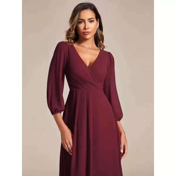 imageEverPretty Womens Chiffon V Neck Long Sleeves Pleated ALine Midi Length Wedding Guest Dress 01926Burgundy