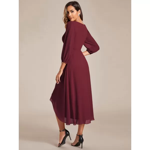 imageEverPretty Womens Chiffon V Neck Long Sleeves Pleated ALine Midi Length Wedding Guest Dress 01926Burgundy