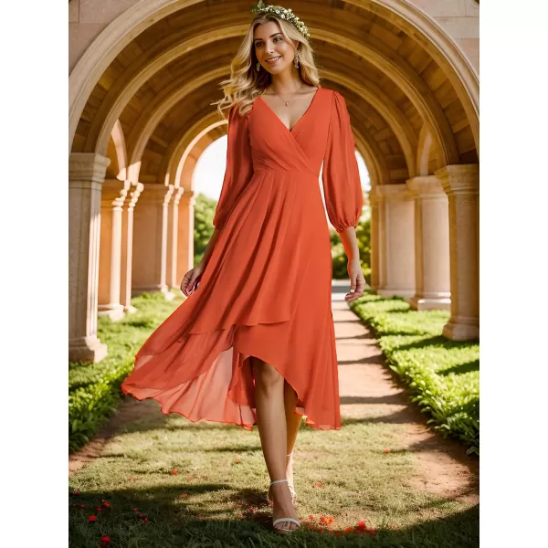 imageEverPretty Womens Chiffon V Neck Long Sleeves Pleated ALine Midi Length Wedding Guest Dress 01926Burnt Orange