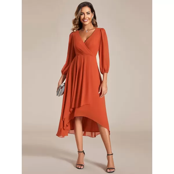 imageEverPretty Womens Chiffon V Neck Long Sleeves Pleated ALine Midi Length Wedding Guest Dress 01926Burnt Orange