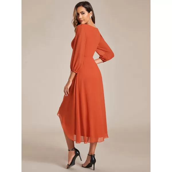 imageEverPretty Womens Chiffon V Neck Long Sleeves Pleated ALine Midi Length Wedding Guest Dress 01926Burnt Orange