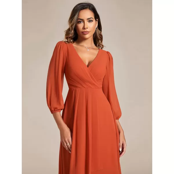 imageEverPretty Womens Chiffon V Neck Long Sleeves Pleated ALine Midi Length Wedding Guest Dress 01926Burnt Orange