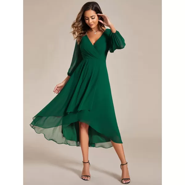 imageEverPretty Womens Chiffon V Neck Long Sleeves Pleated ALine Midi Length Wedding Guest Dress 01926Dark Green