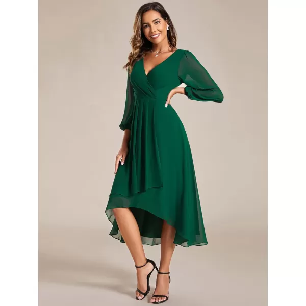 imageEverPretty Womens Chiffon V Neck Long Sleeves Pleated ALine Midi Length Wedding Guest Dress 01926Dark Green