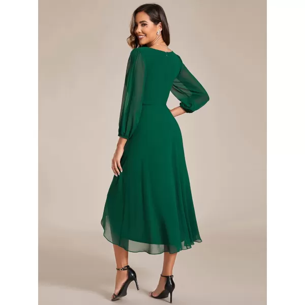 imageEverPretty Womens Chiffon V Neck Long Sleeves Pleated ALine Midi Length Wedding Guest Dress 01926Dark Green