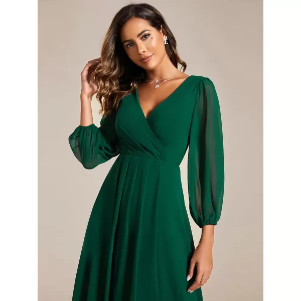 imageEverPretty Womens Chiffon V Neck Long Sleeves Pleated ALine Midi Length Wedding Guest Dress 01926Dark Green