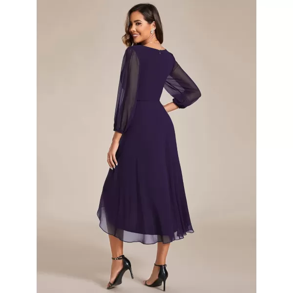 imageEverPretty Womens Chiffon V Neck Long Sleeves Pleated ALine Midi Length Wedding Guest Dress 01926Deep Purple