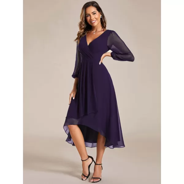 imageEverPretty Womens Chiffon V Neck Long Sleeves Pleated ALine Midi Length Wedding Guest Dress 01926Deep Purple