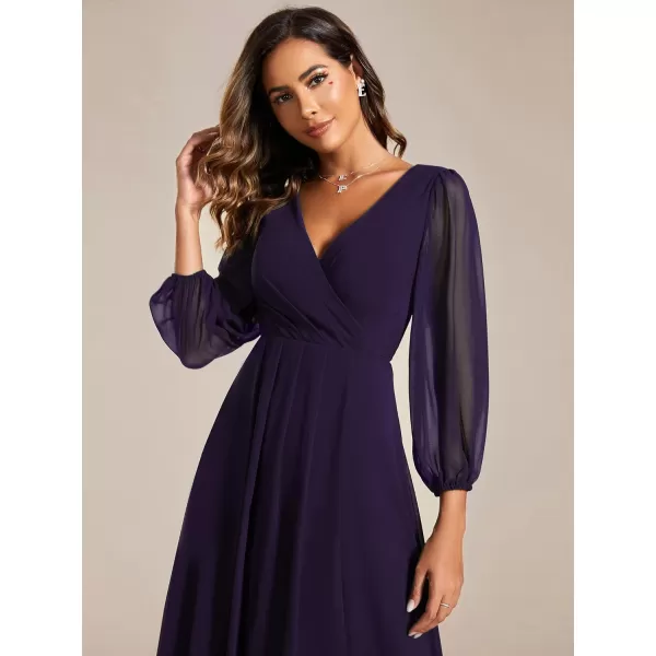 imageEverPretty Womens Chiffon V Neck Long Sleeves Pleated ALine Midi Length Wedding Guest Dress 01926Deep Purple