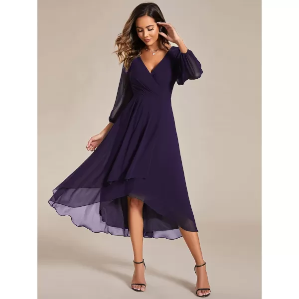 imageEverPretty Womens Chiffon V Neck Long Sleeves Pleated ALine Midi Length Wedding Guest Dress 01926Deep Purple