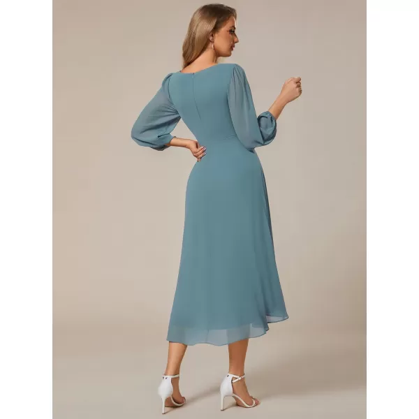 imageEverPretty Womens Chiffon V Neck Long Sleeves Pleated ALine Midi Length Wedding Guest Dress 01926Dusty Blue