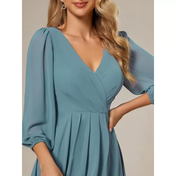 imageEverPretty Womens Chiffon V Neck Long Sleeves Pleated ALine Midi Length Wedding Guest Dress 01926Dusty Blue