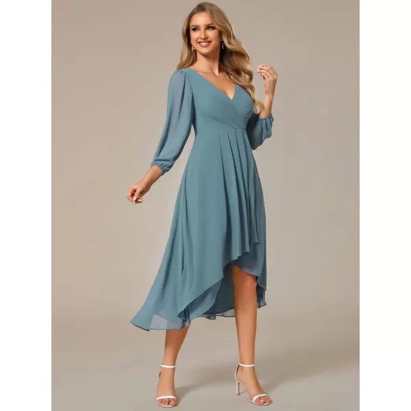 imageEverPretty Womens Chiffon V Neck Long Sleeves Pleated ALine Midi Length Wedding Guest Dress 01926Dusty Blue