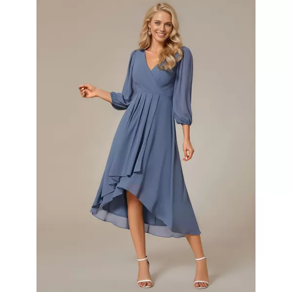 imageEverPretty Womens Chiffon V Neck Long Sleeves Pleated ALine Midi Length Wedding Guest Dress 01926Dusty Navy