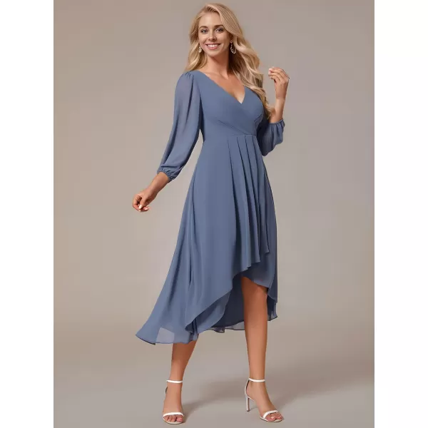 imageEverPretty Womens Chiffon V Neck Long Sleeves Pleated ALine Midi Length Wedding Guest Dress 01926Dusty Navy