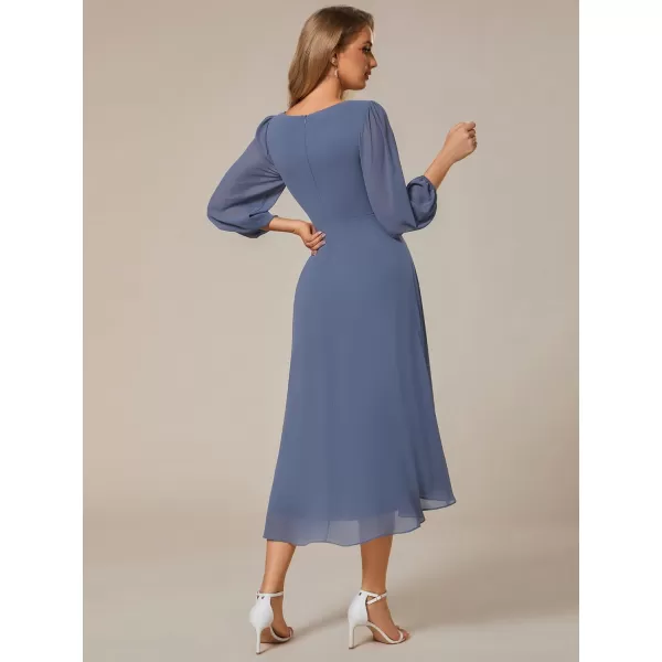 imageEverPretty Womens Chiffon V Neck Long Sleeves Pleated ALine Midi Length Wedding Guest Dress 01926Dusty Navy