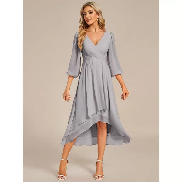 imageEverPretty Womens Chiffon V Neck Long Sleeves Pleated ALine Midi Length Wedding Guest Dress 01926Grey